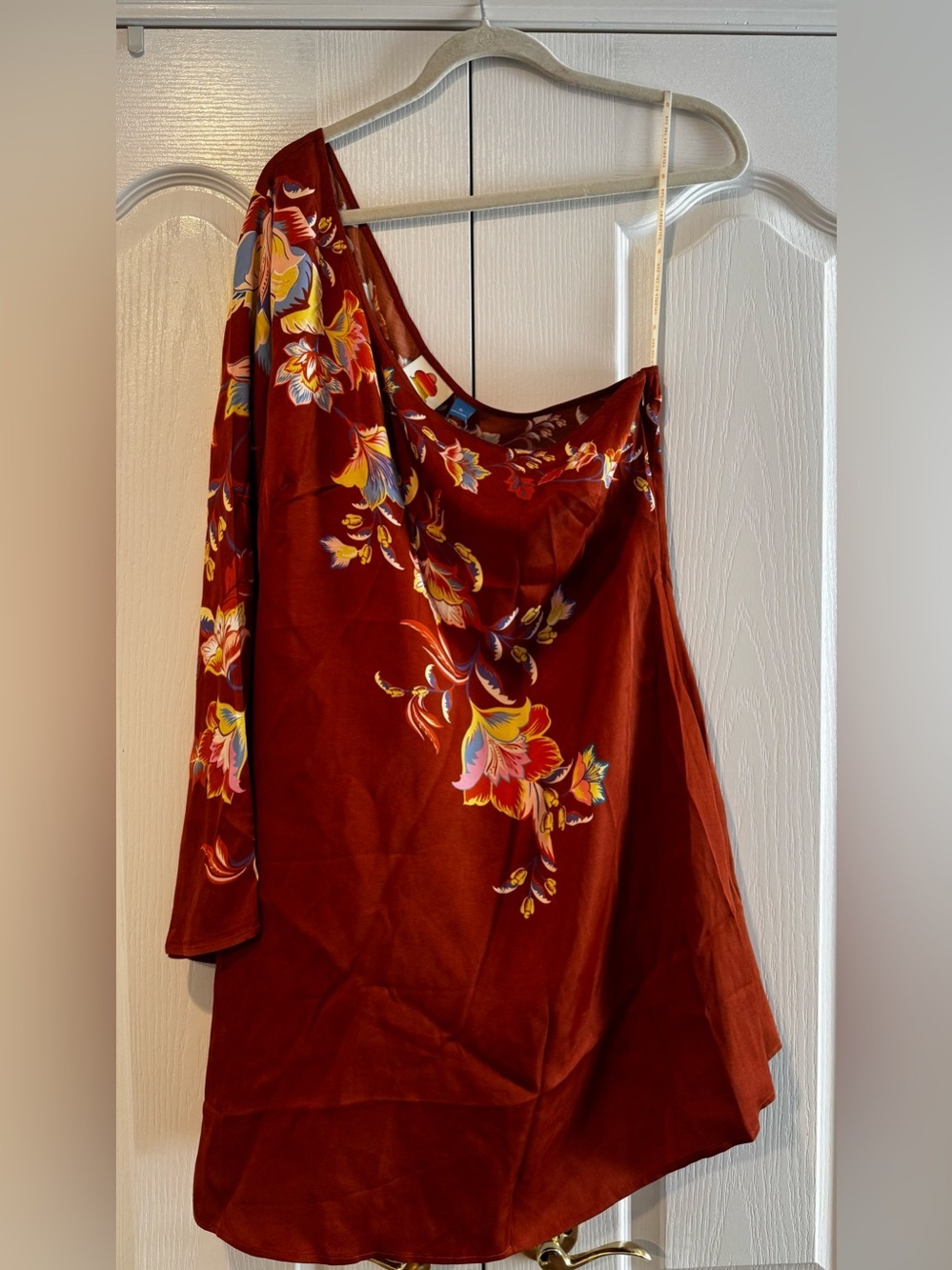 FARM Rio Rust Floral Patterned One Shoulder Bell Sleeve Mini Dress - Size XL - Picture 3 of 7